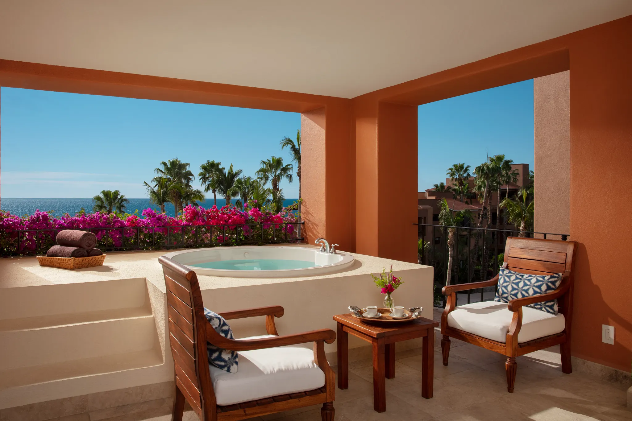 Private terrace with hot tub and ocean view at Zoëtry Casa del Mar Los Cabos.