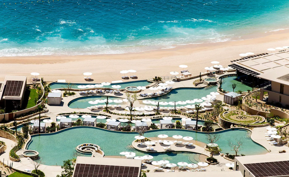 Montage Los Cabos luxury beachfront resort with swimmable beach and modern architecture in Baja California Sur, Mexico.