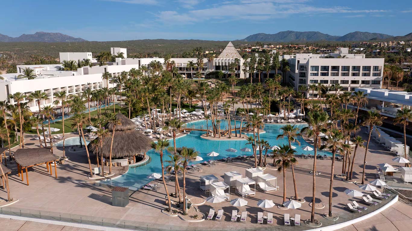 Paradisus Los Cabos all-inclusive beachfront resort with pools and swimmable beach in Baja California Sur, Mexico.