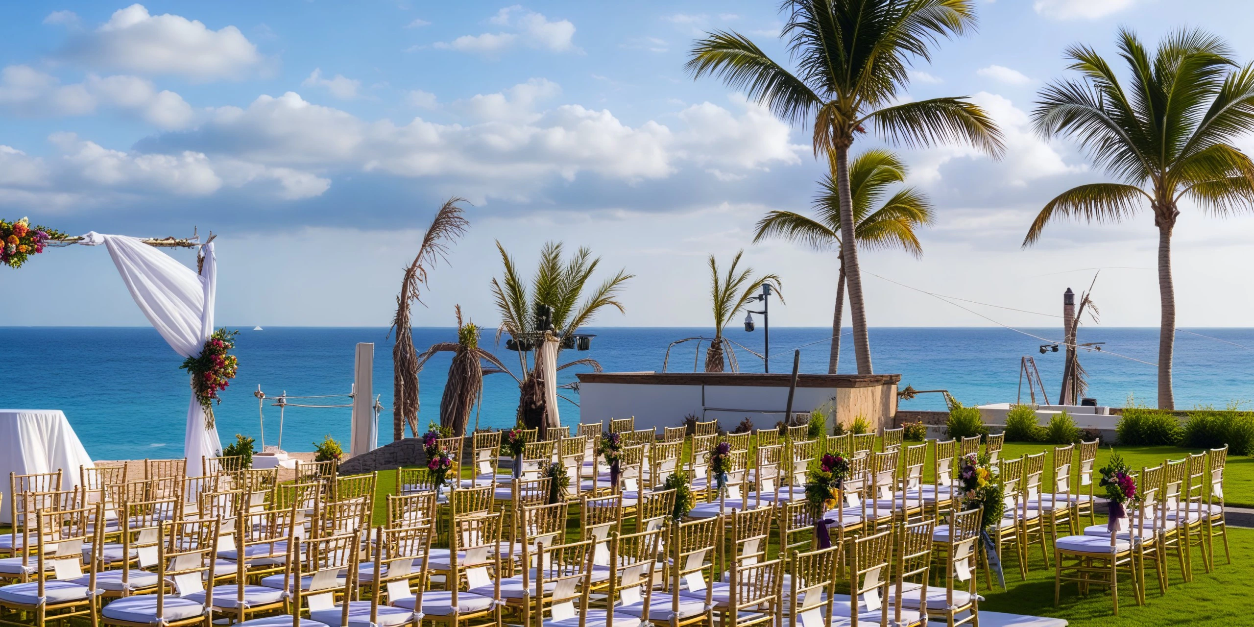 Quiet Zone oceanfront lawn ceremony setup with wedding arch at Zoëtry Casa del Mar Los Cabos